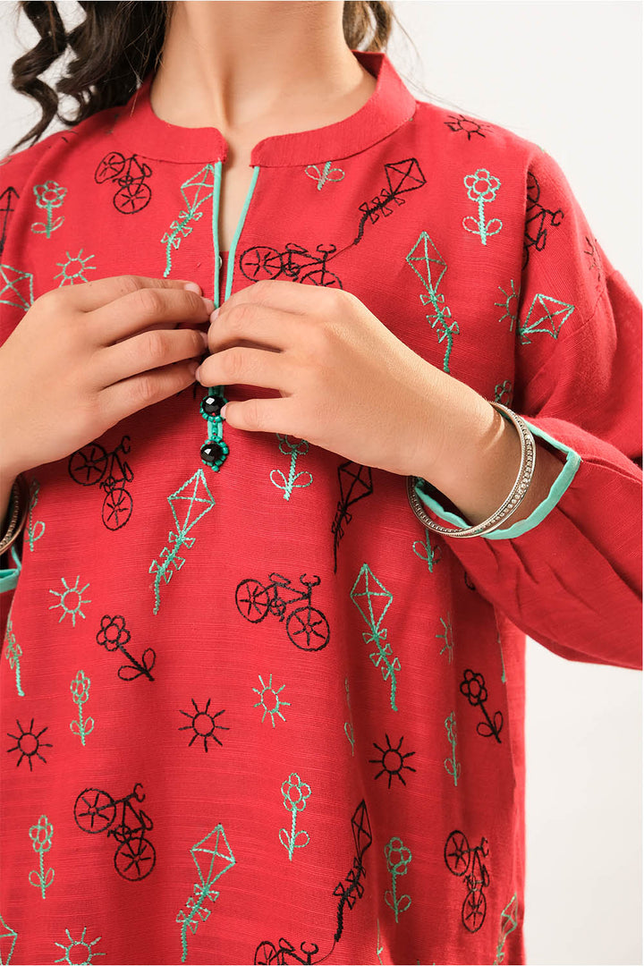 Cotton Khaddar Dyed Maroon & Golden Stitched Suit - Senorita