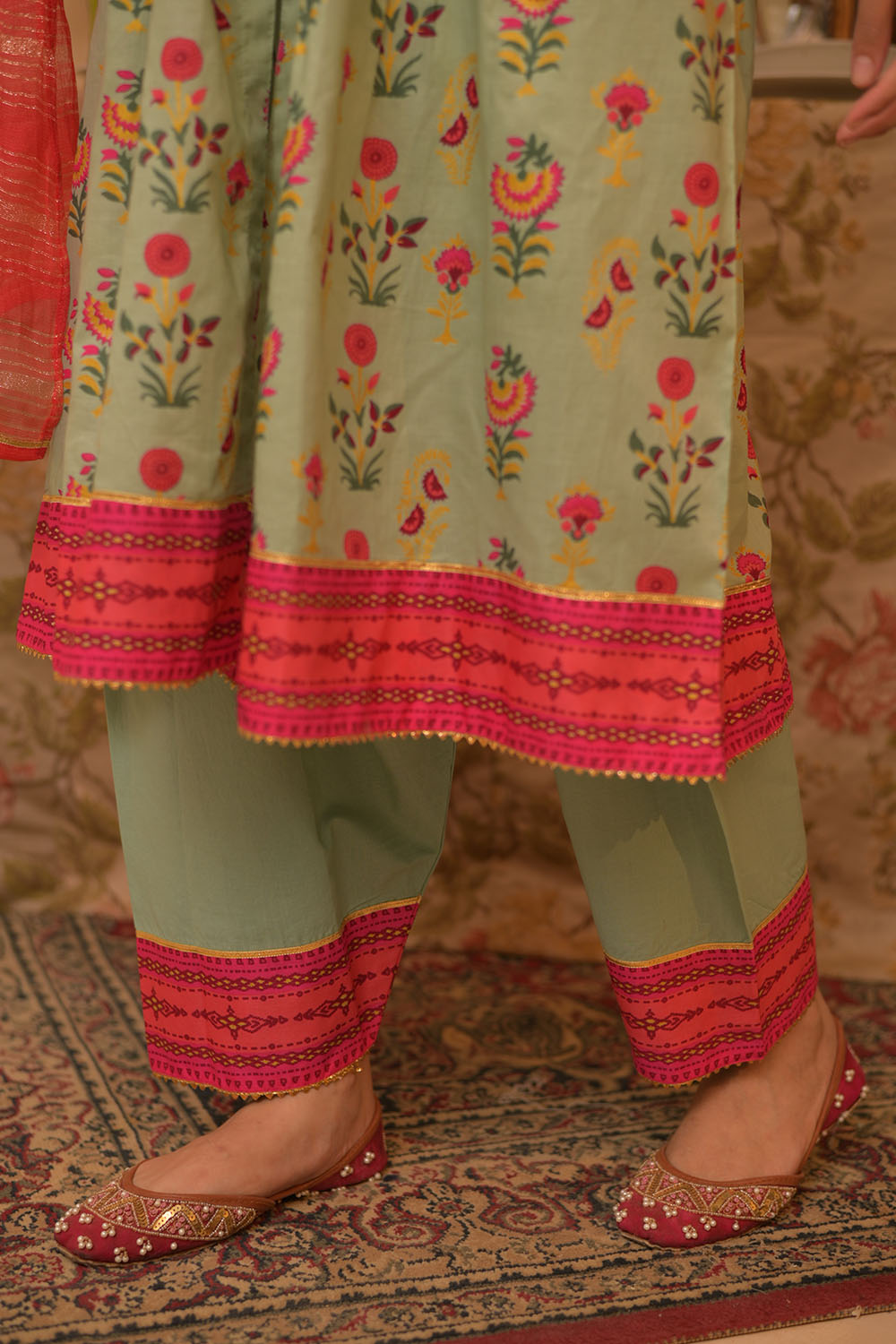 Cotton Gold Printed Light Green Stitched Suit - Senorita