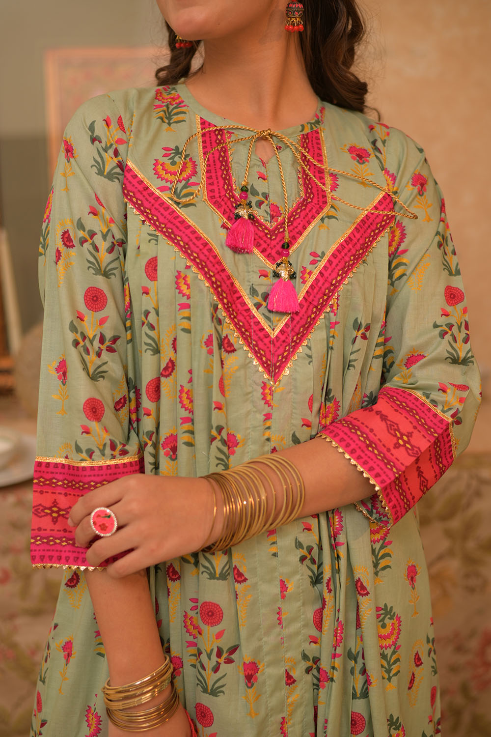 Cotton Gold Printed Light Green Stitched Suit - Senorita