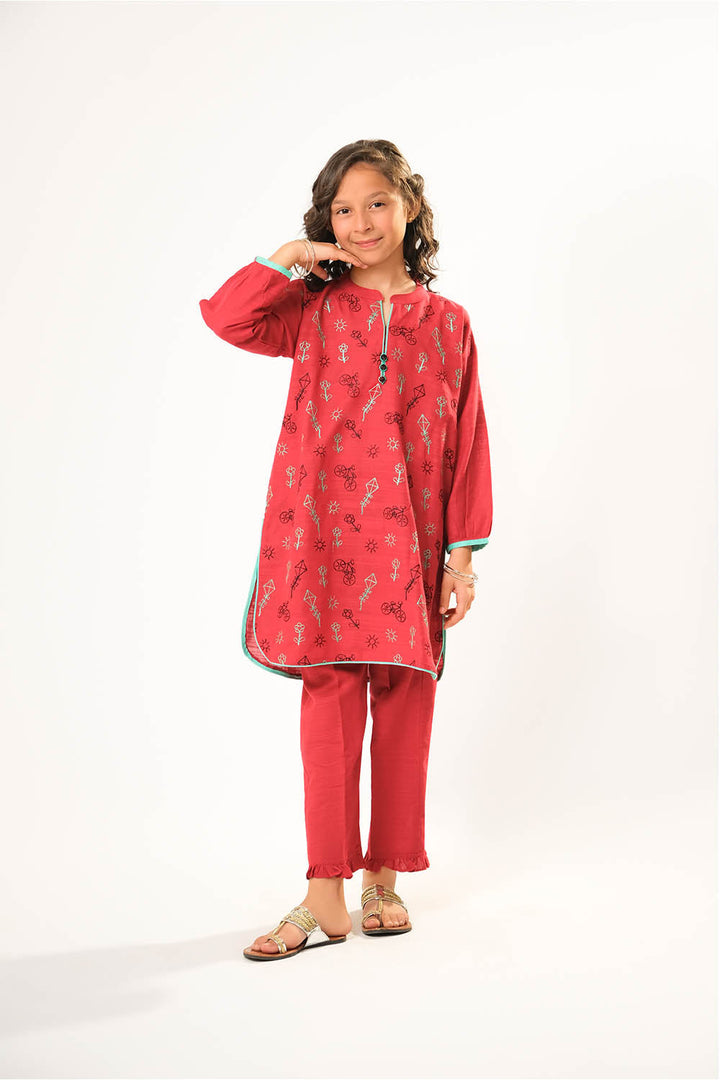 Cotton Khaddar Dyed Maroon & Golden Stitched Suit - Senorita