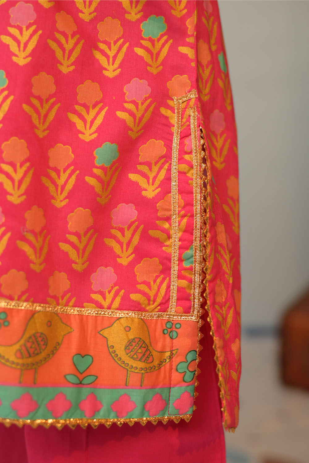 Cotton Lawn Gold Printed Shocking Pink Stitched Suit - Senorita