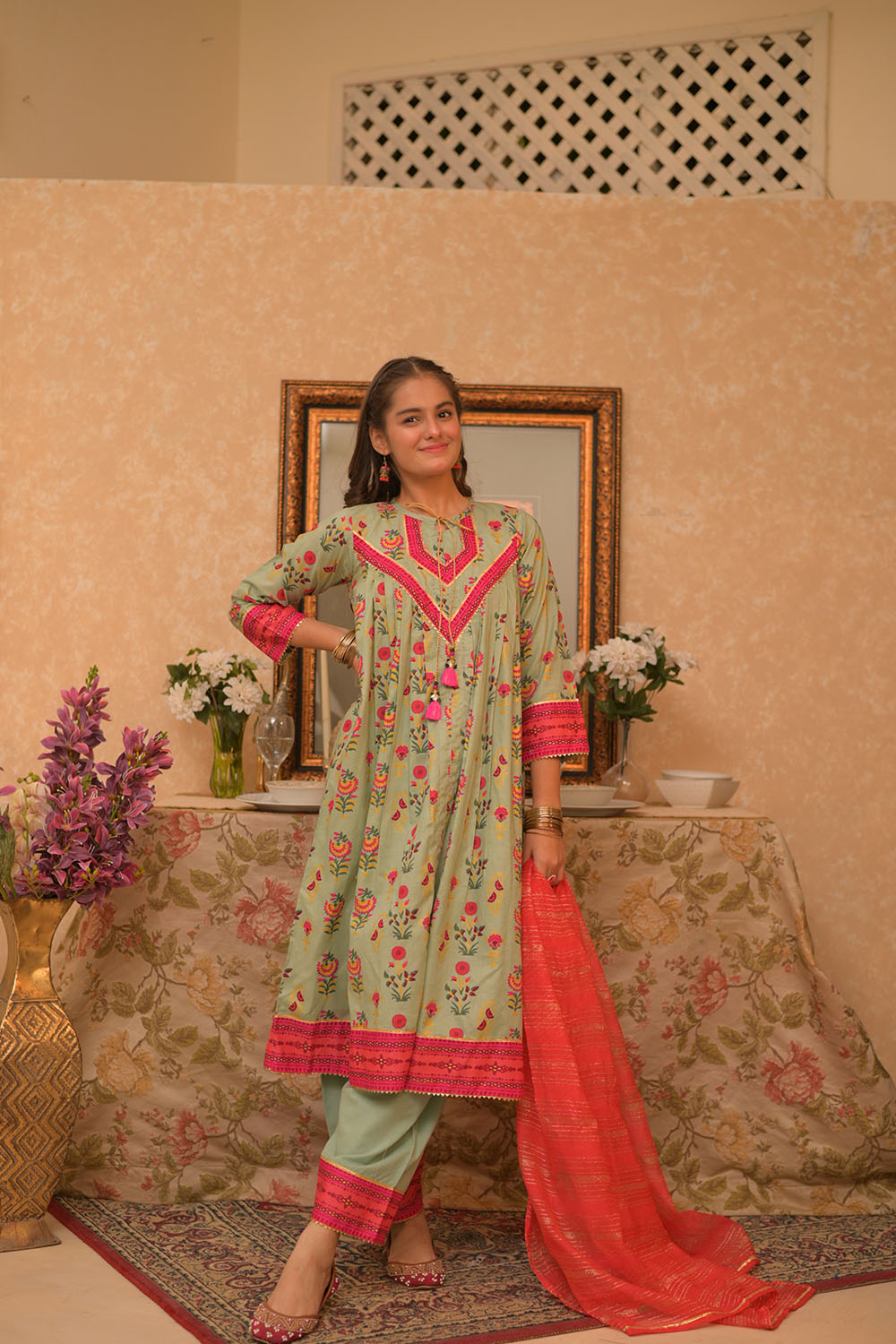 Cotton Gold Printed Light Green Stitched Suit - Senorita