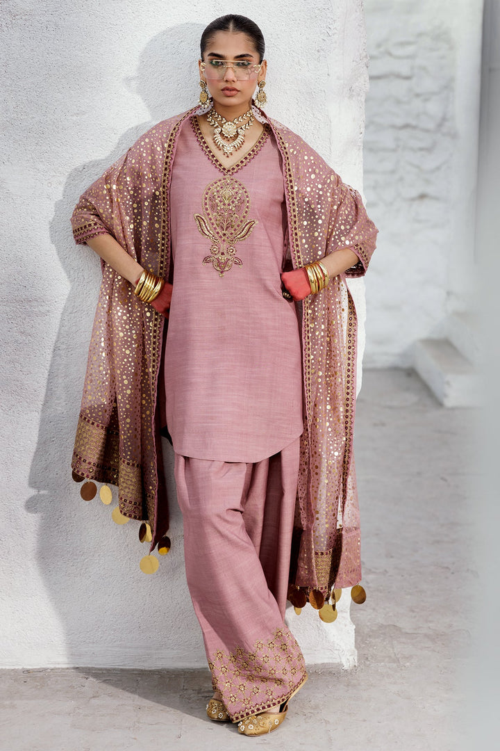 Embroidered Raw Silk Pink Stitched Suit - Charizma