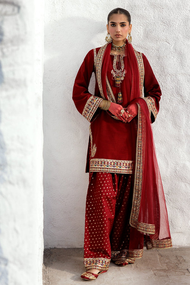 Embroidered Raw Silk Maroon Stitched Suit - Charizma