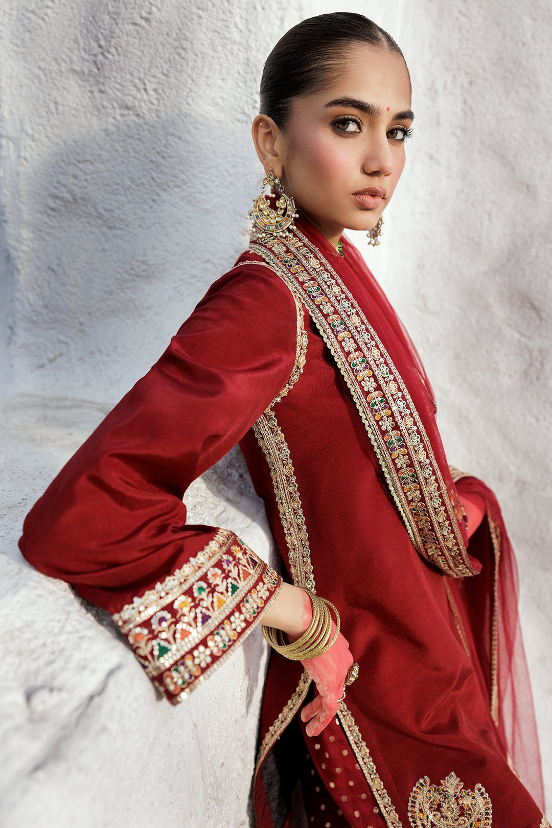 Embroidered Raw Silk Maroon Stitched Suit - Charizma