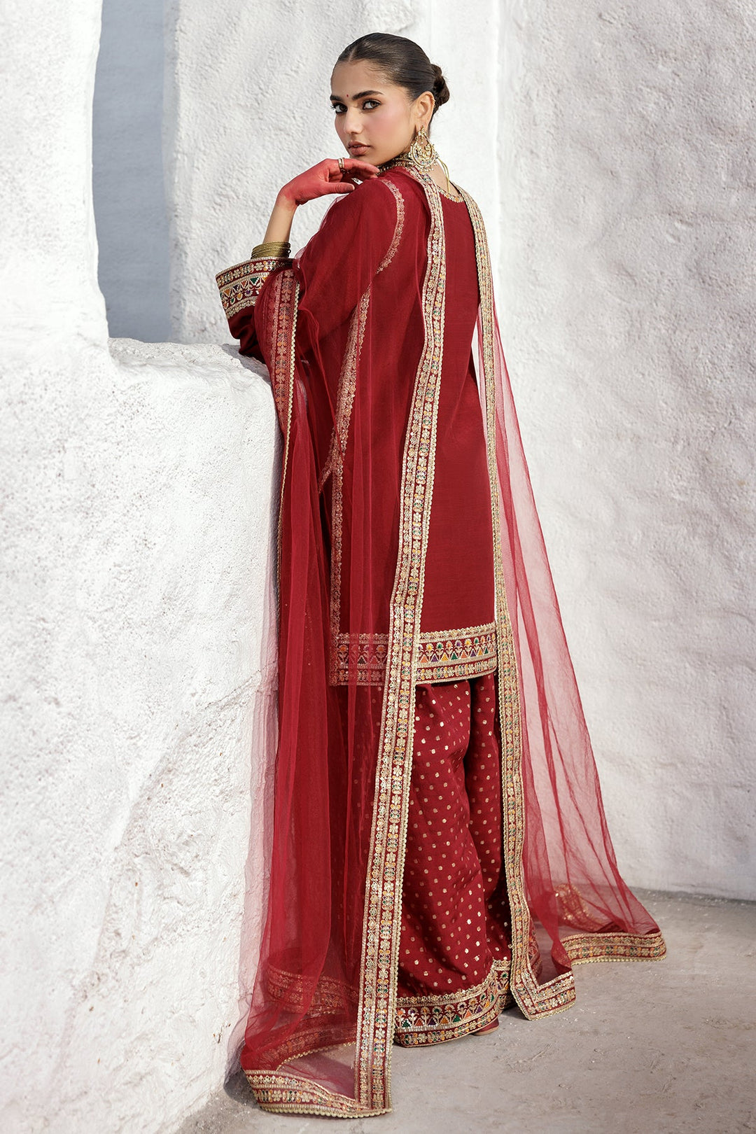 Embroidered Raw Silk Maroon Stitched Suit - Charizma