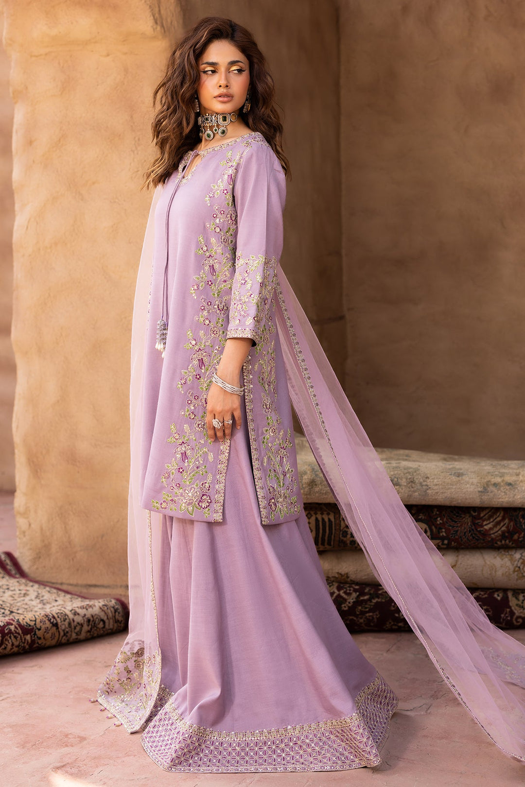 Embroidered Raw Silk Purple Stitched Suit - Charizma
