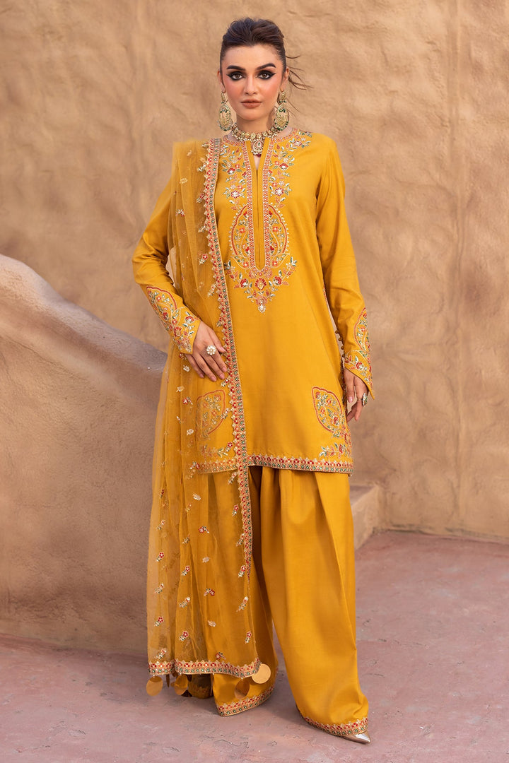 Embroidered Raw Silk Yellow Stitched Suit - Charizma