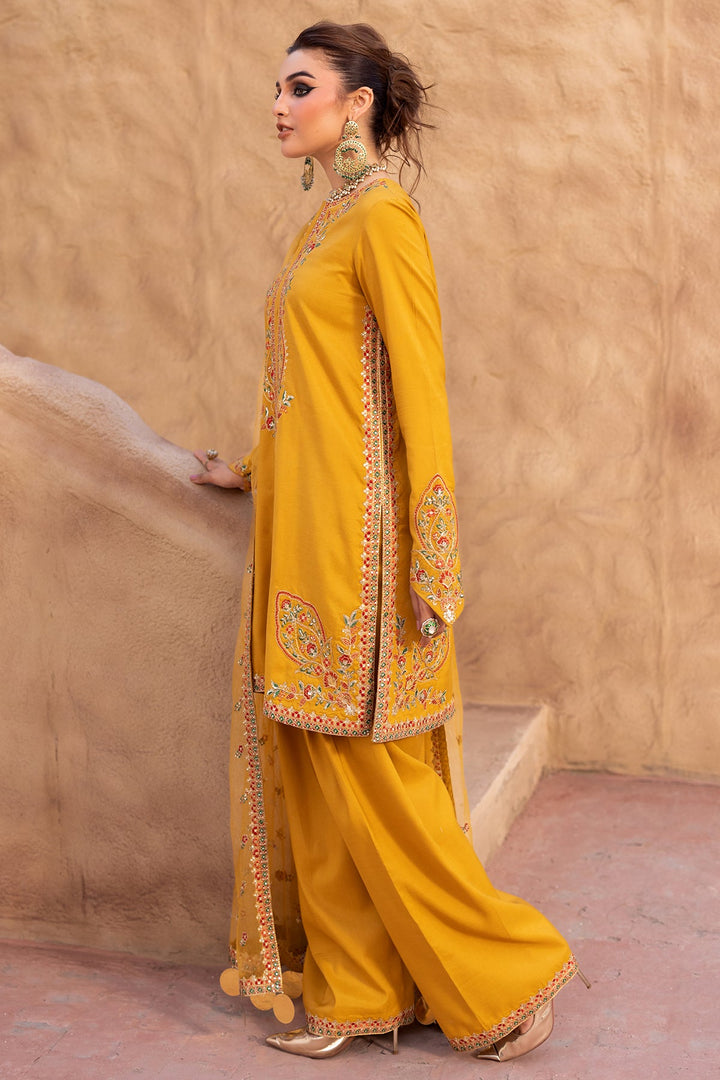 Embroidered Raw Silk Yellow Stitched Suit - Charizma