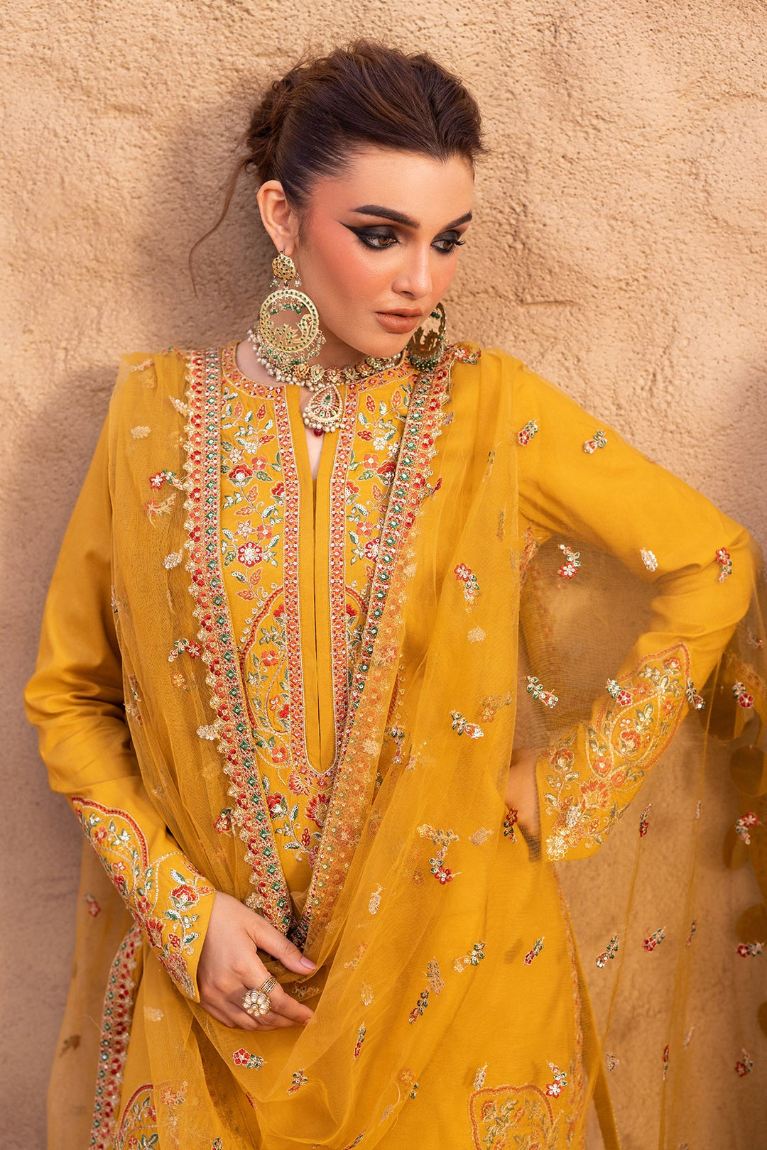 Embroidered Raw Silk Yellow Stitched Suit - Charizma