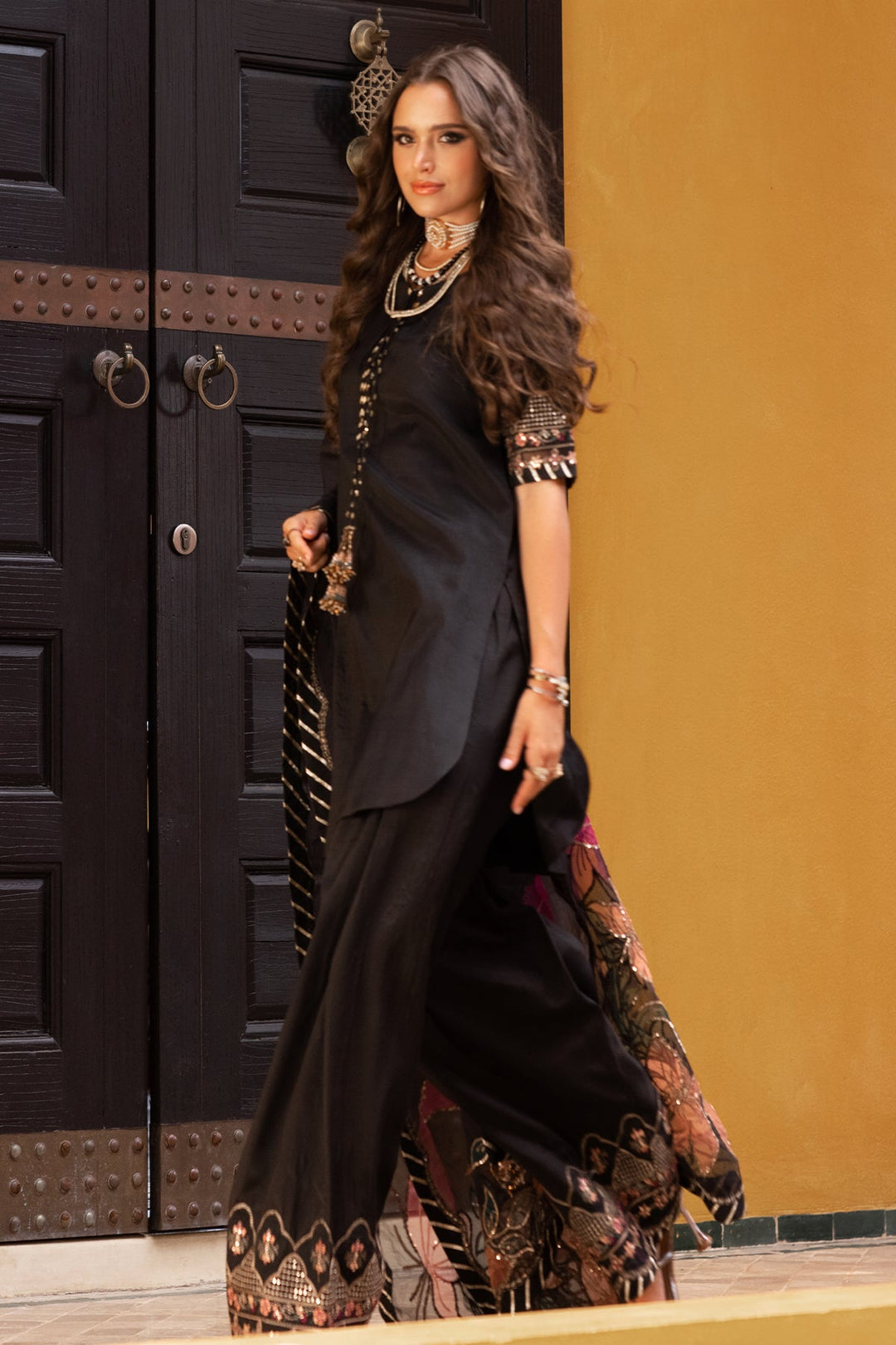 Embroidered Raw Silk Black Stitched Suit - Charizma