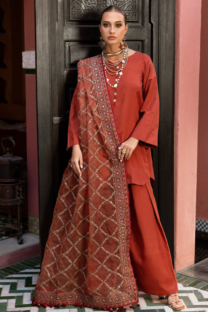 Embroidered Raw Silk Orange Stitched Suit - Charizma