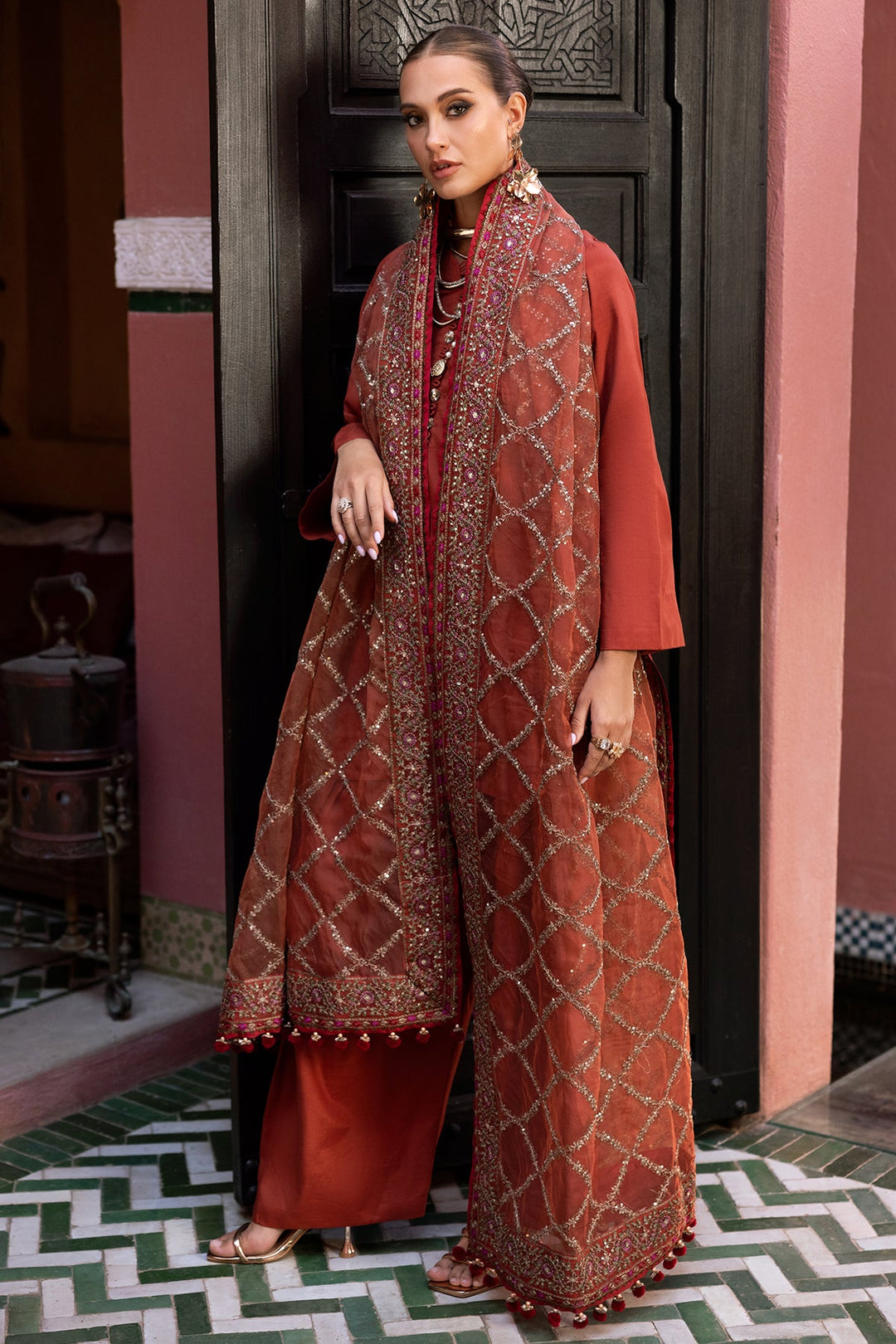 Embroidered Raw Silk Orange Stitched Suit - Charizma