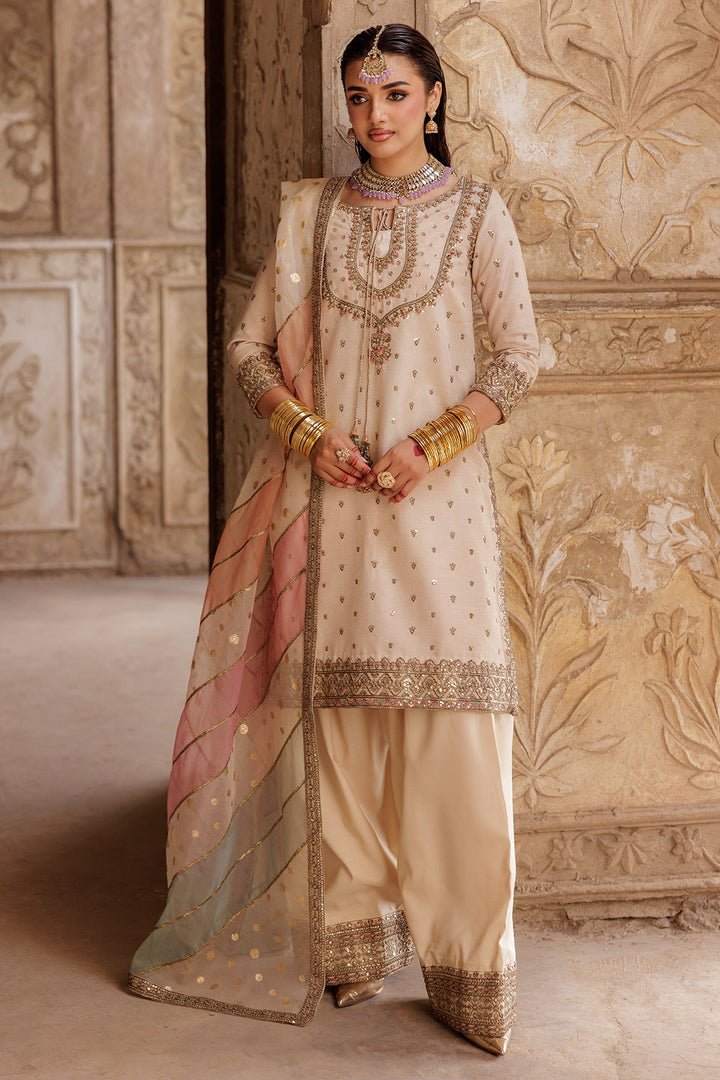 Embroidered Raw Silk Beige Stitched Suit - Charizma
