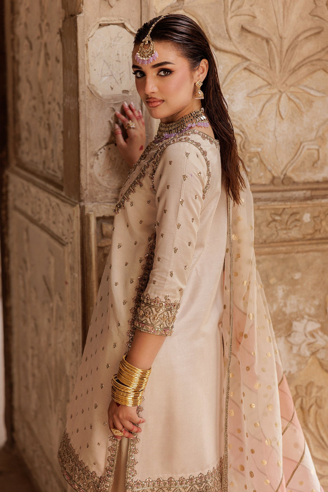 Embroidered Raw Silk Beige Stitched Suit - Charizma