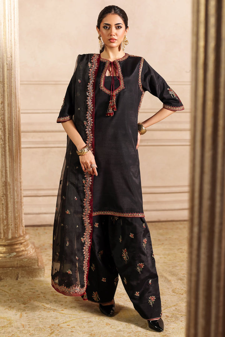 Embroidered Raw Silk Black Stitched Suit - Charizma