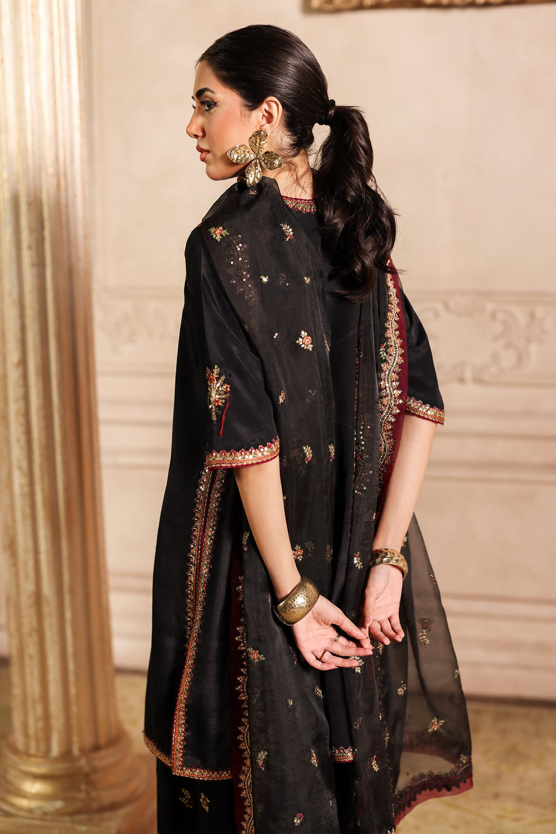 Embroidered Raw Silk Black Stitched Suit - Charizma
