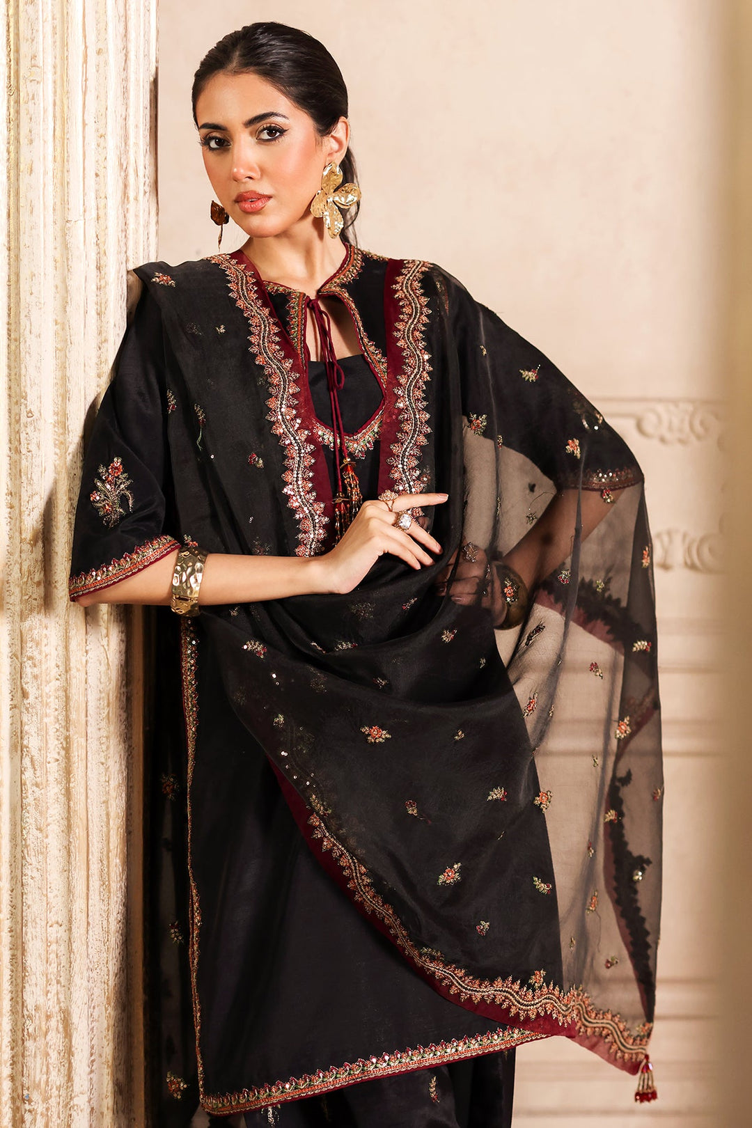 Embroidered Raw Silk Black Stitched Suit - Charizma