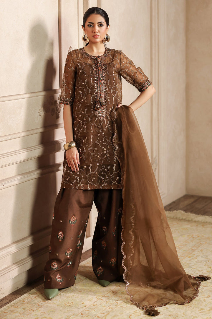 Embroidered Organza Brown Stitched Suit - Charizma