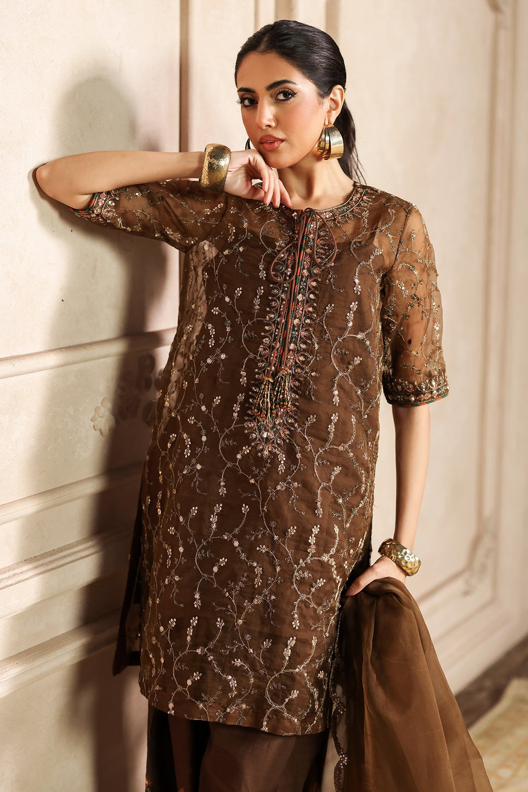 Embroidered Organza Brown Stitched Suit - Charizma