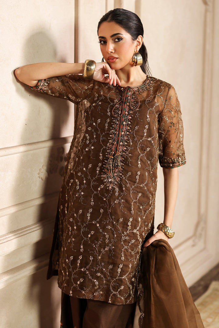 Embroidered Organza Brown Stitched Suit - Charizma
