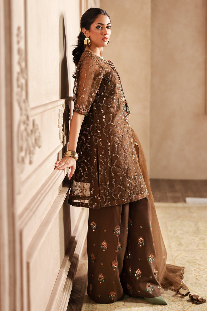 Embroidered Organza Brown Stitched Suit - Charizma