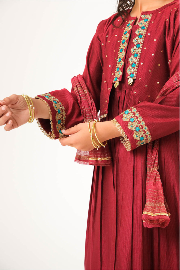 Viscose Chambray Katan Maroon & Golden Stitched Suit - Senorita
