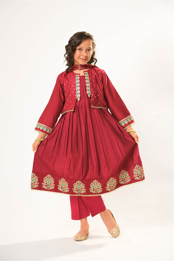 Viscose Chambray Katan Maroon & Golden Stitched Suit - Senorita
