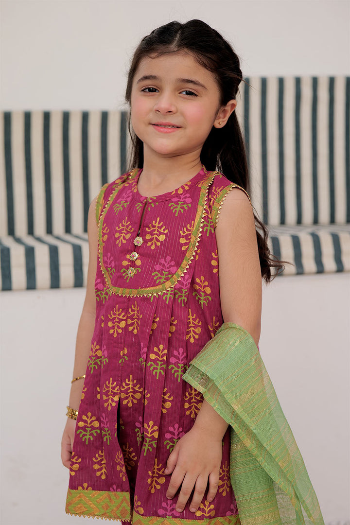 Cotton Dobby Dye Over Gold Print Magenta Stitched Suit - Senorita
