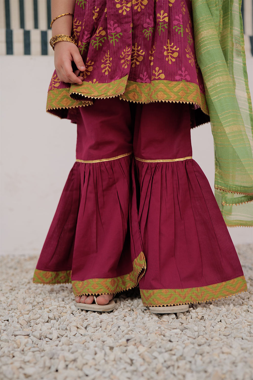Cotton Dobby Dye Over Gold Print Magenta Stitched Suit - Senorita