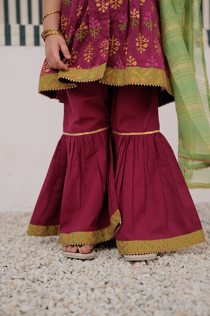 Cotton Dobby Dye Over Gold Print Magenta Stitched Suit - Senorita