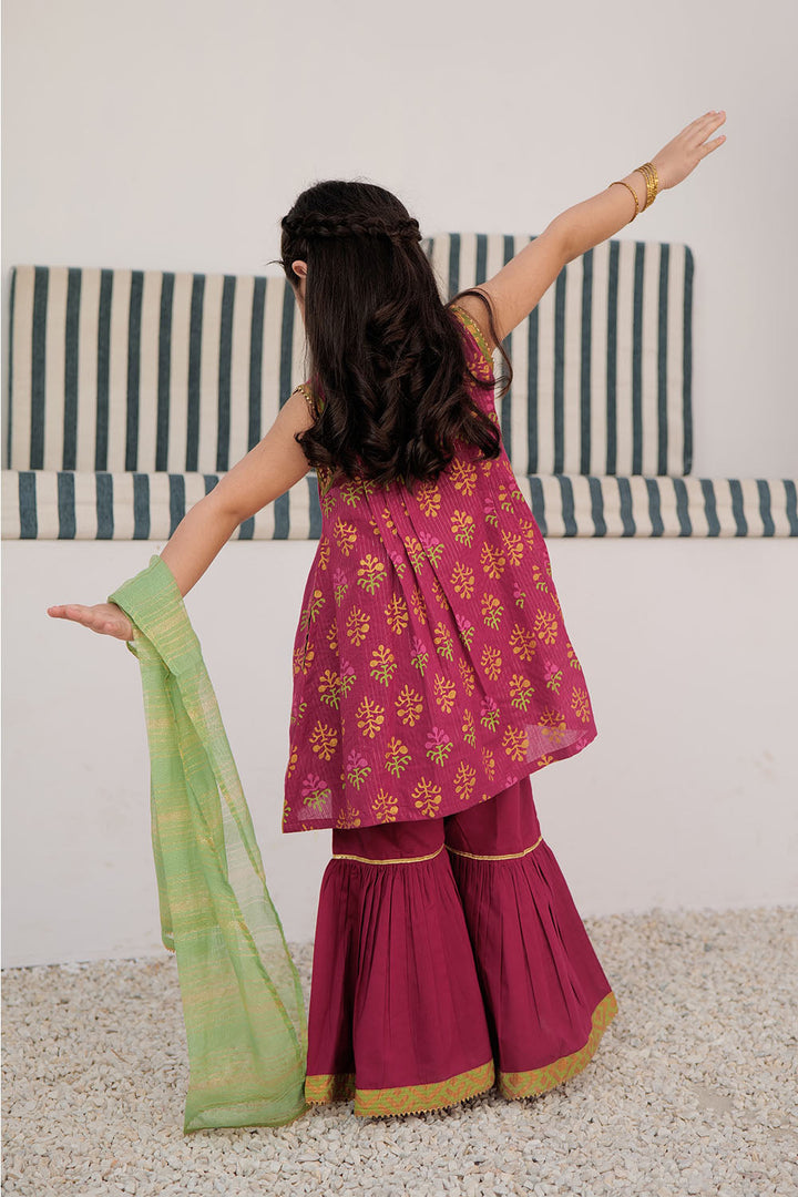 Cotton Dobby Dye Over Gold Print Magenta Stitched Suit - Senorita