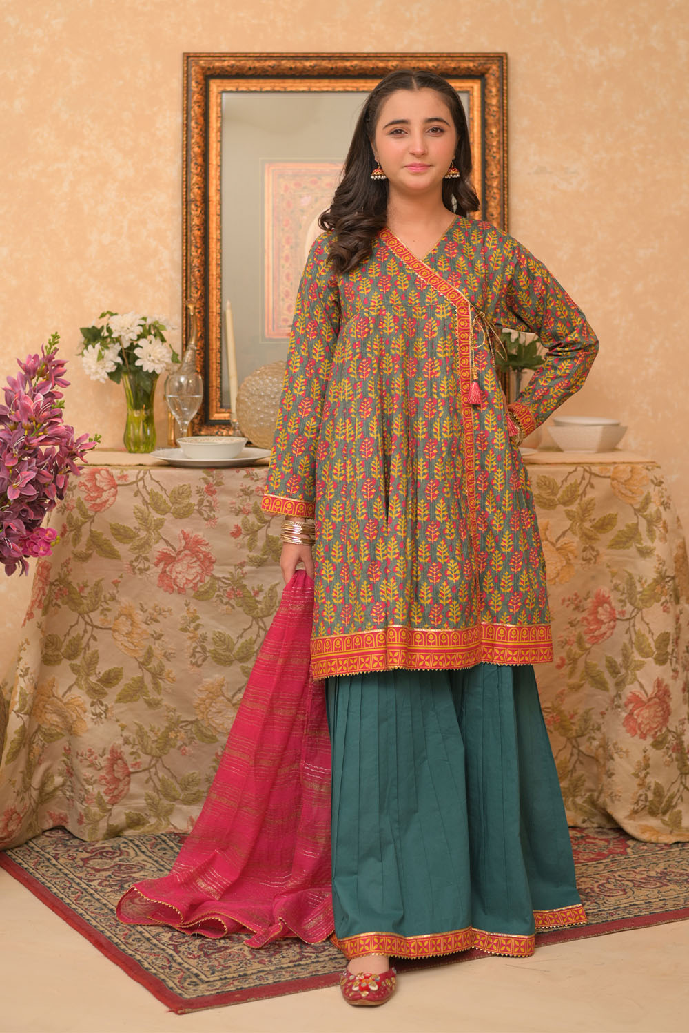 Cotton Lawn Gold Printed Red Stitched Suit - Senorita