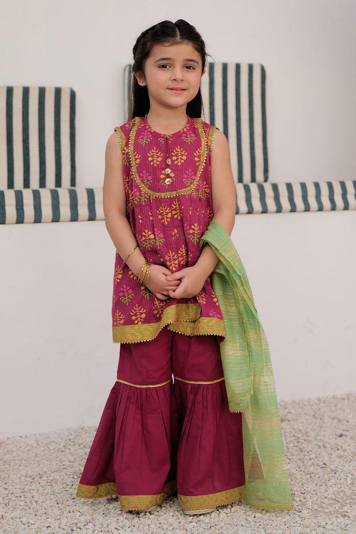 Cotton Dobby Dye Over Gold Print Magenta Stitched Suit - Senorita