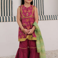 Cotton Dobby Dye Over Gold Print Magenta Stitched Suit - Senorita