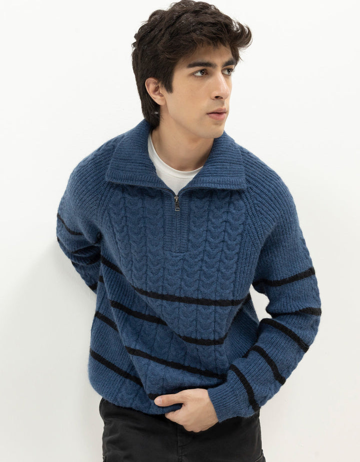 NEPTUNE D - INDIGO HALF-ZIP MOCK NECK SWEATER - J. Junaid Jamshed