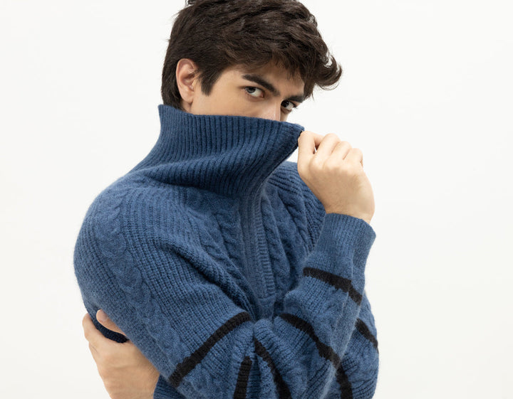 NEPTUNE D - INDIGO HALF-ZIP MOCK NECK SWEATER - J. Junaid Jamshed