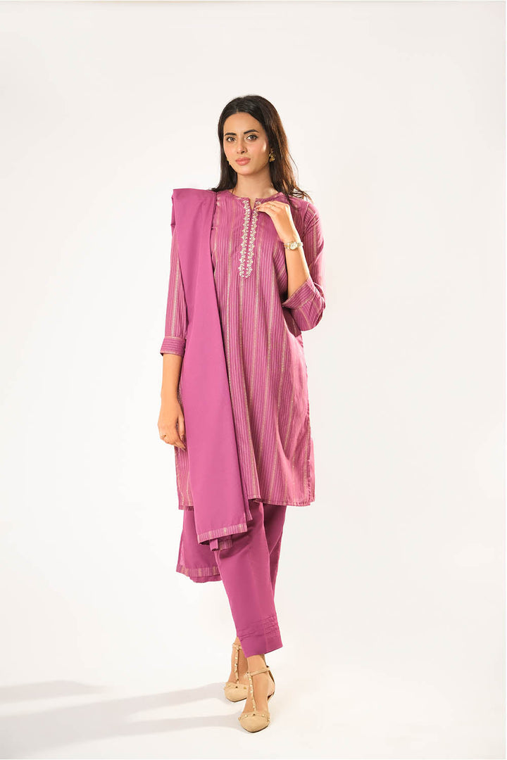 Cotton Karandi Dobby Shocking Pink Stitched Suit - Senorita