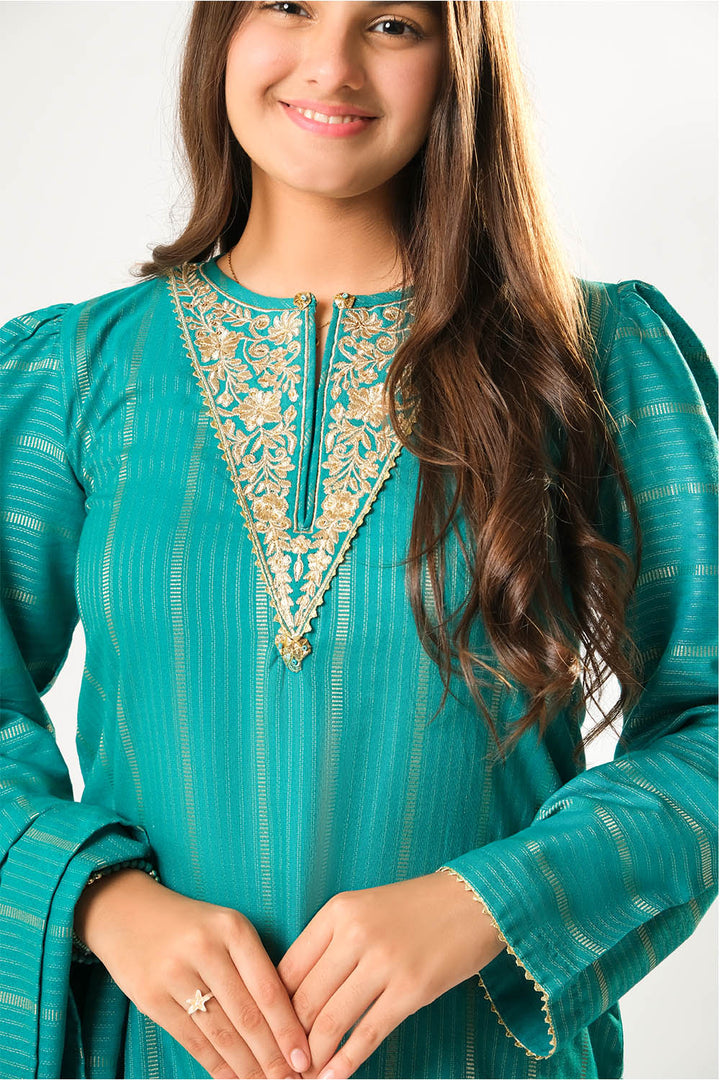 Cotton Karandi Dobby Turquoise Green Stitched Suit - Senorita