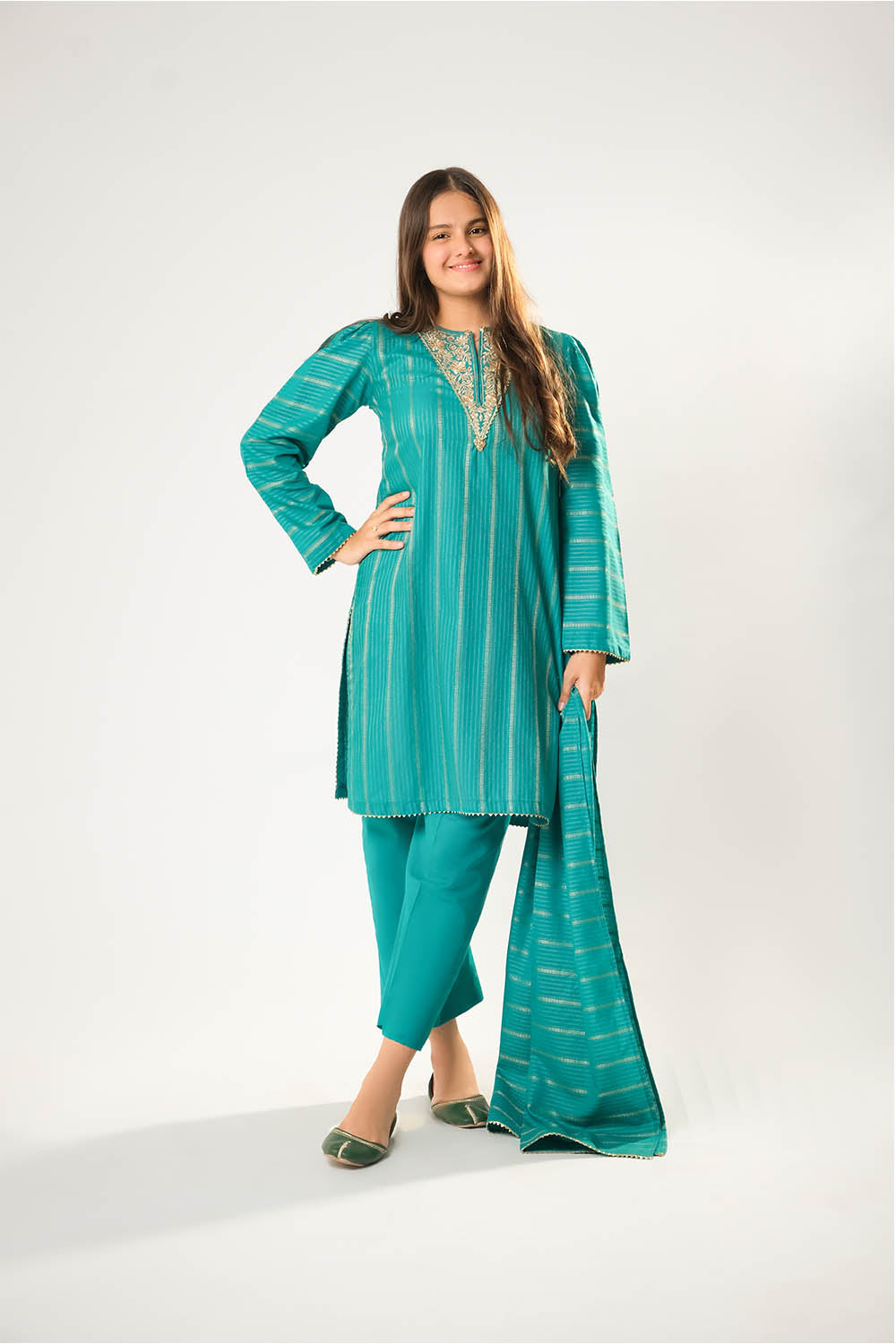 Cotton Karandi Dobby Turquoise Green Stitched Suit - Senorita