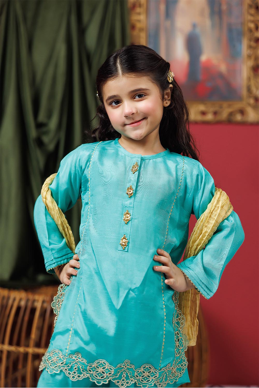 Viscose Raw Silk Gold & Green Stitched Suit - Senorita