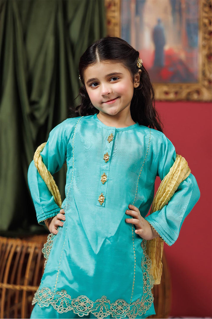 Viscose Raw Silk Gold & Green Stitched Suit - Senorita
