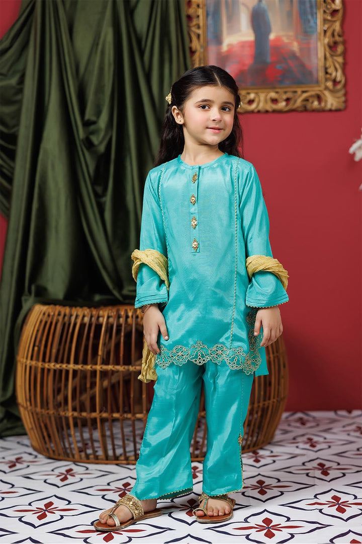 Viscose Raw Silk Gold & Green Stitched Suit - Senorita