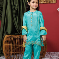 Viscose Raw Silk Gold & Green Stitched Suit - Senorita