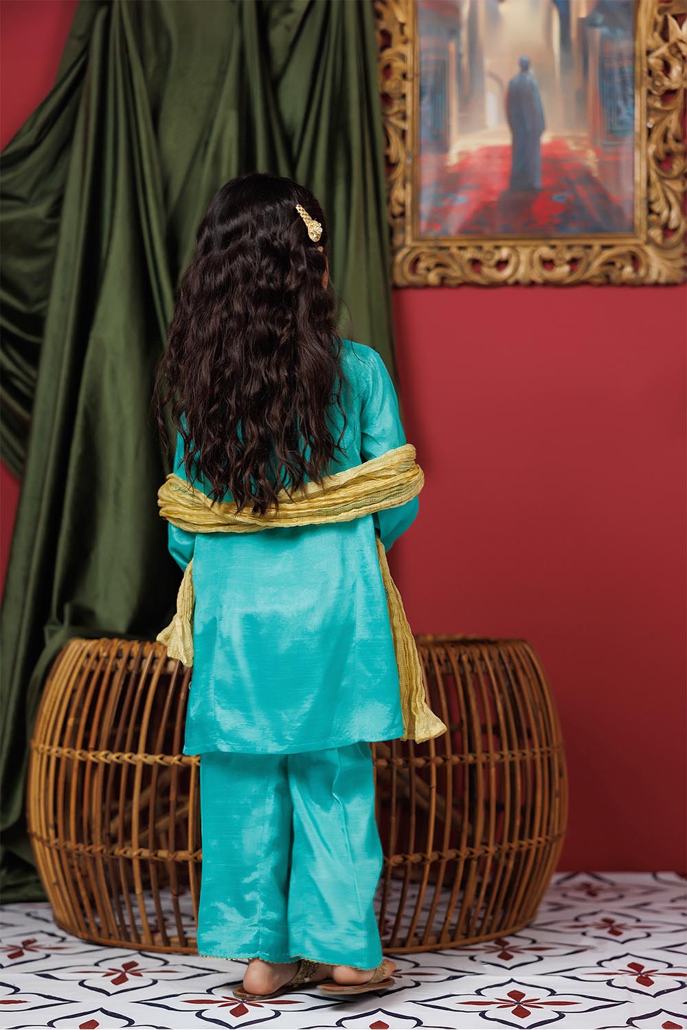 Viscose Raw Silk Gold & Green Stitched Suit - Senorita