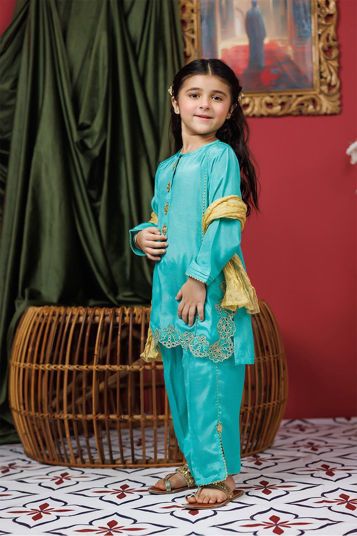 Viscose Raw Silk Gold & Green Stitched Suit - Senorita