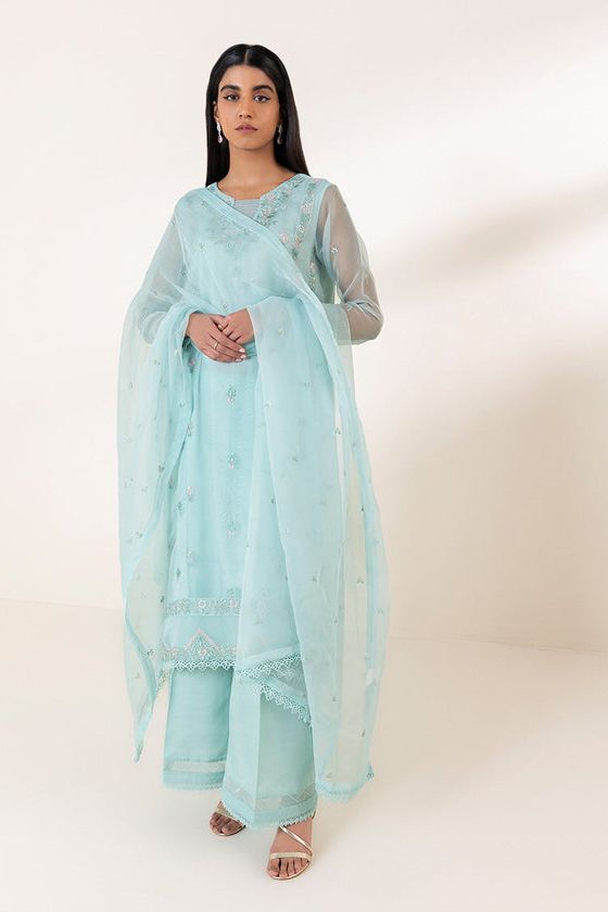 Embroidered Organza Sky Blue 3 Piece Suit - Sapphire