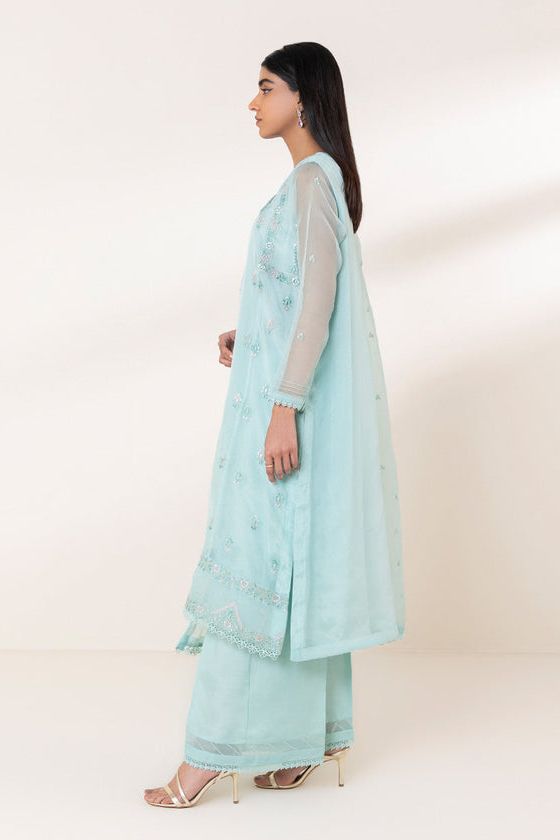 Embroidered Organza Sky Blue 3 Piece Suit - Sapphire