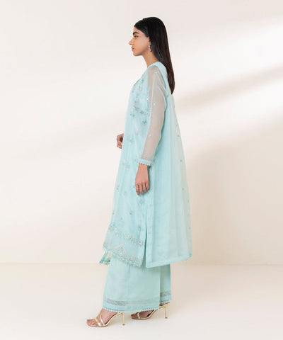 Embroidered Organza Sky Blue 3 Piece Suit - Sapphire