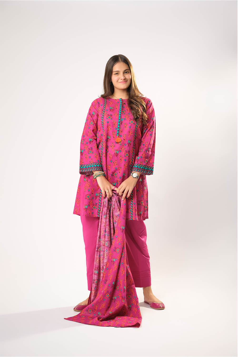 Cotton Khaddar Dyed Shocking Pink Stitched Suit - Senorita